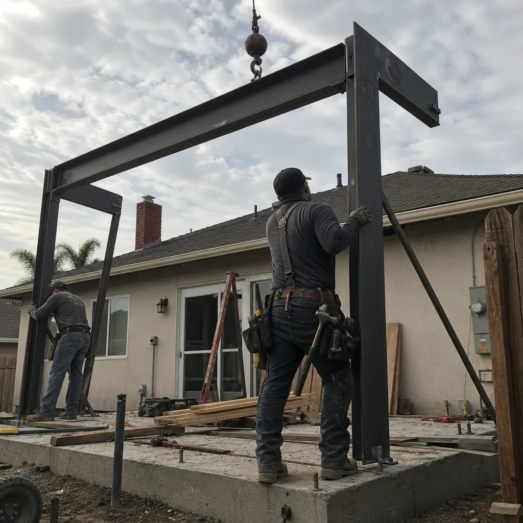Professional construction workers installing steel frame for ADU project