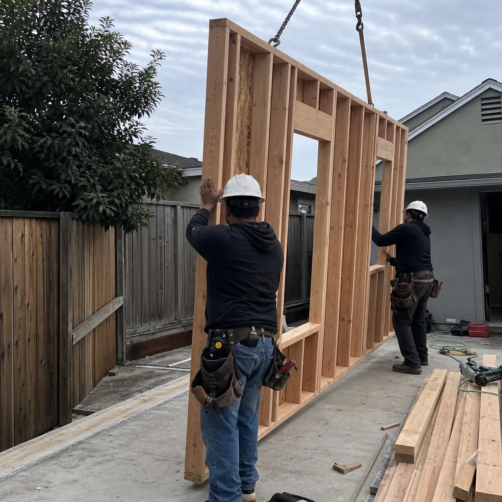 Construction workers installing a prefabricated wooden wall frame for an ADU.