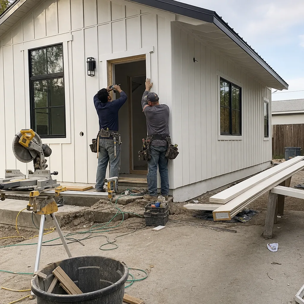 Two contractors installing trim on a newly constructed modern accessory dwelling unit.