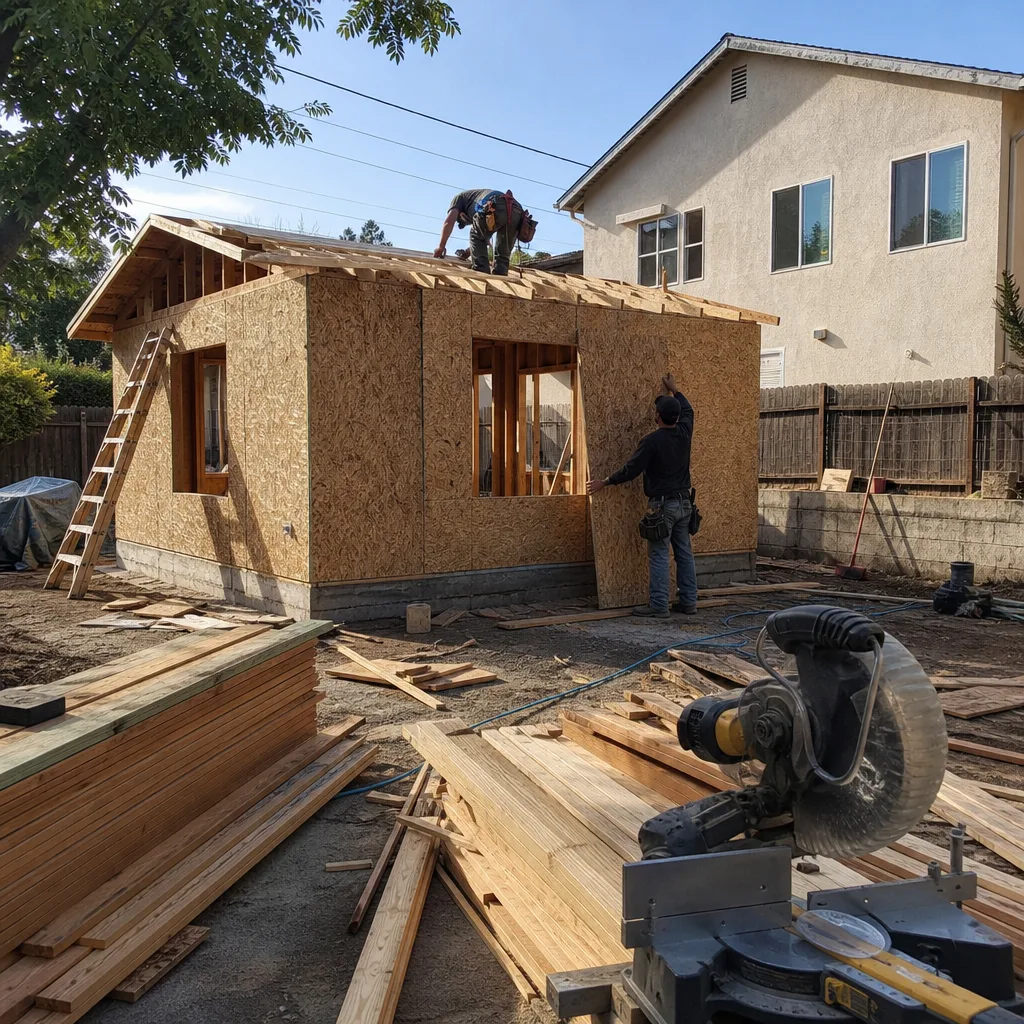 Contractors building a wooden ADU structure in a backyard.