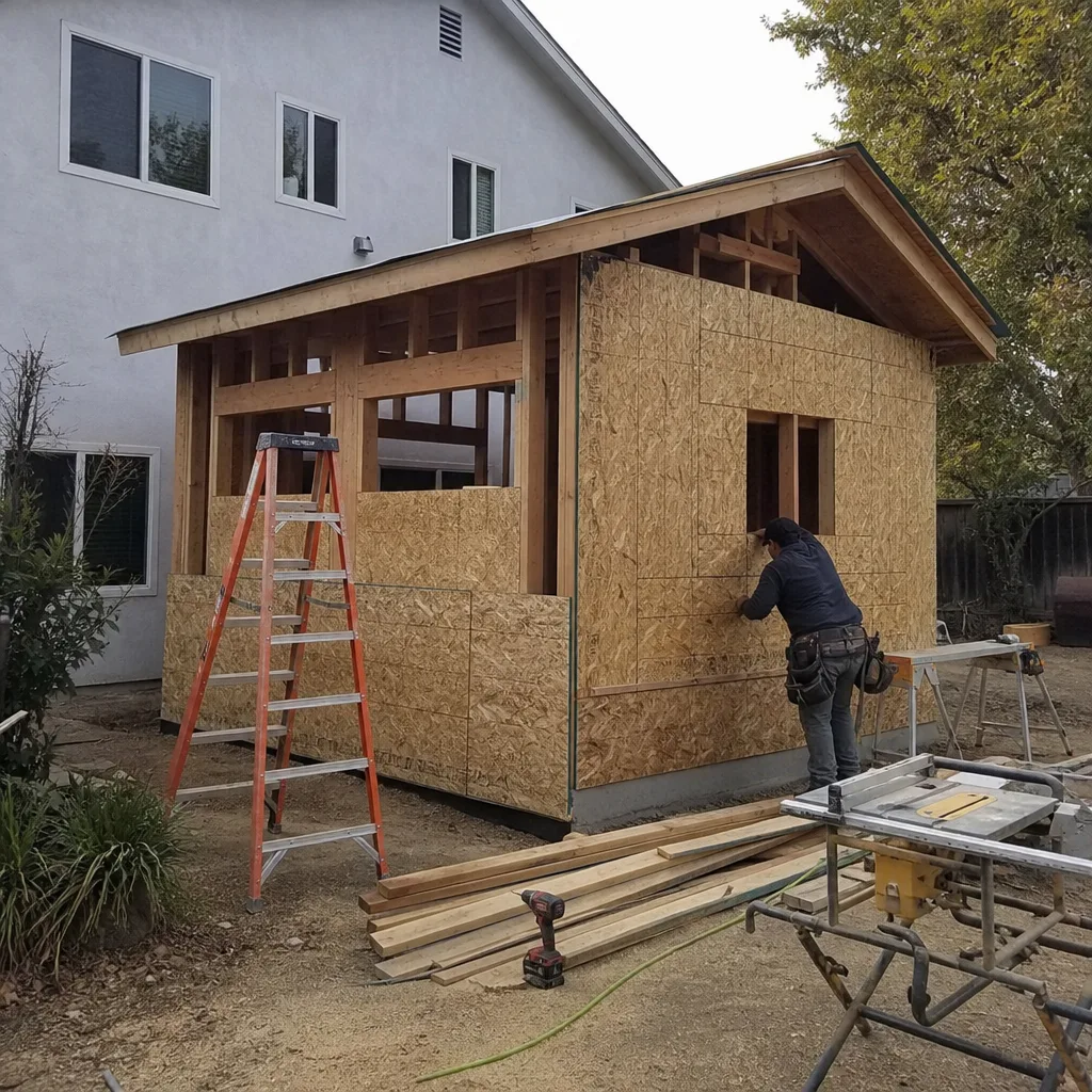 Contractor installing plywood siding on an unfinished wooden residential room addition