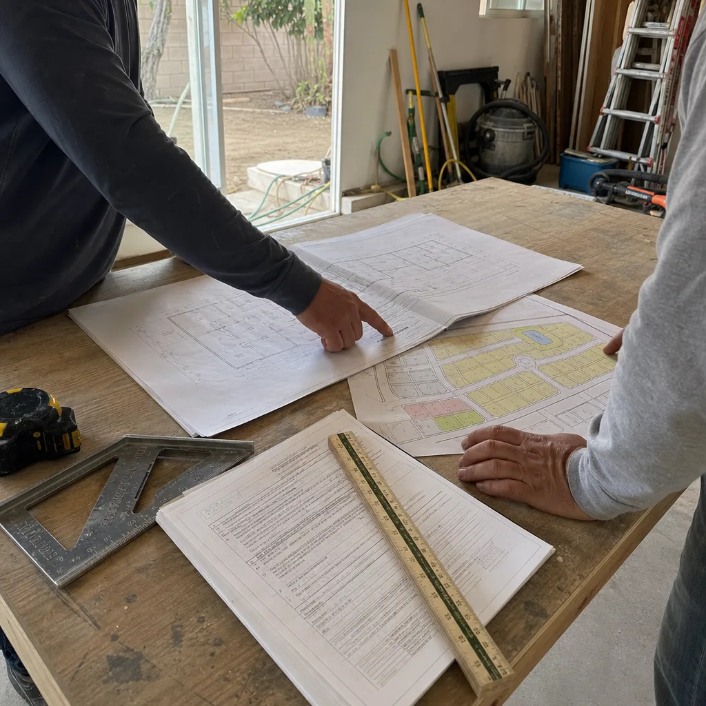 Contractors reviewing construction blueprints and site plans on a workbench